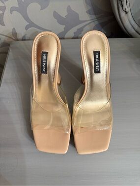 Nine West Beige Clear Band Square Toe Mule Heels